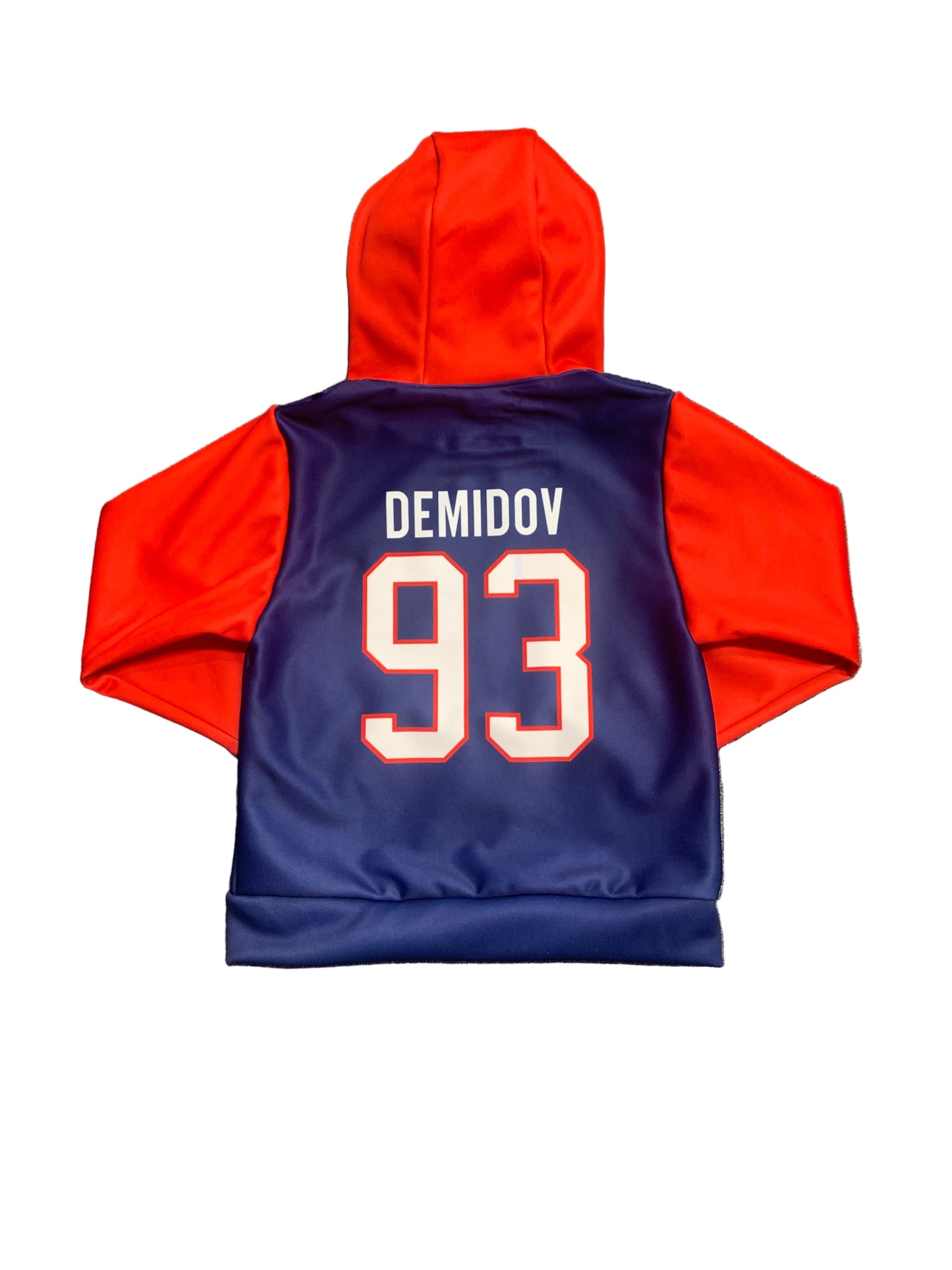 Hoodie - Demidov en polyester, bleu marine et orange vif, à capuche, impression numéro 93, vue de dos, enfant.
