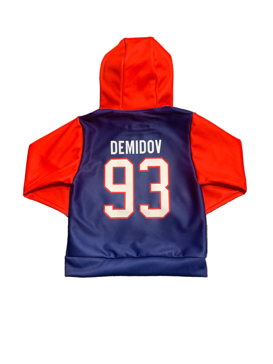 Hoodie - Demidov en polyester, bleu marine et orange vif, à capuche, impression numéro 93, vue de dos, enfant.