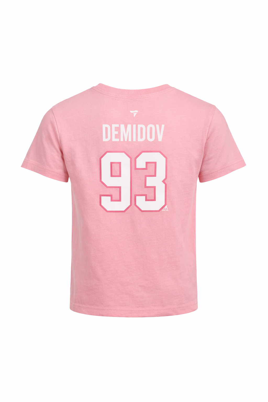T-Shirt Rose - Demidov rose clair en polyester pour enfant, vue de dos avec inscription Demidov et numéro 93 blanc contour rose.
