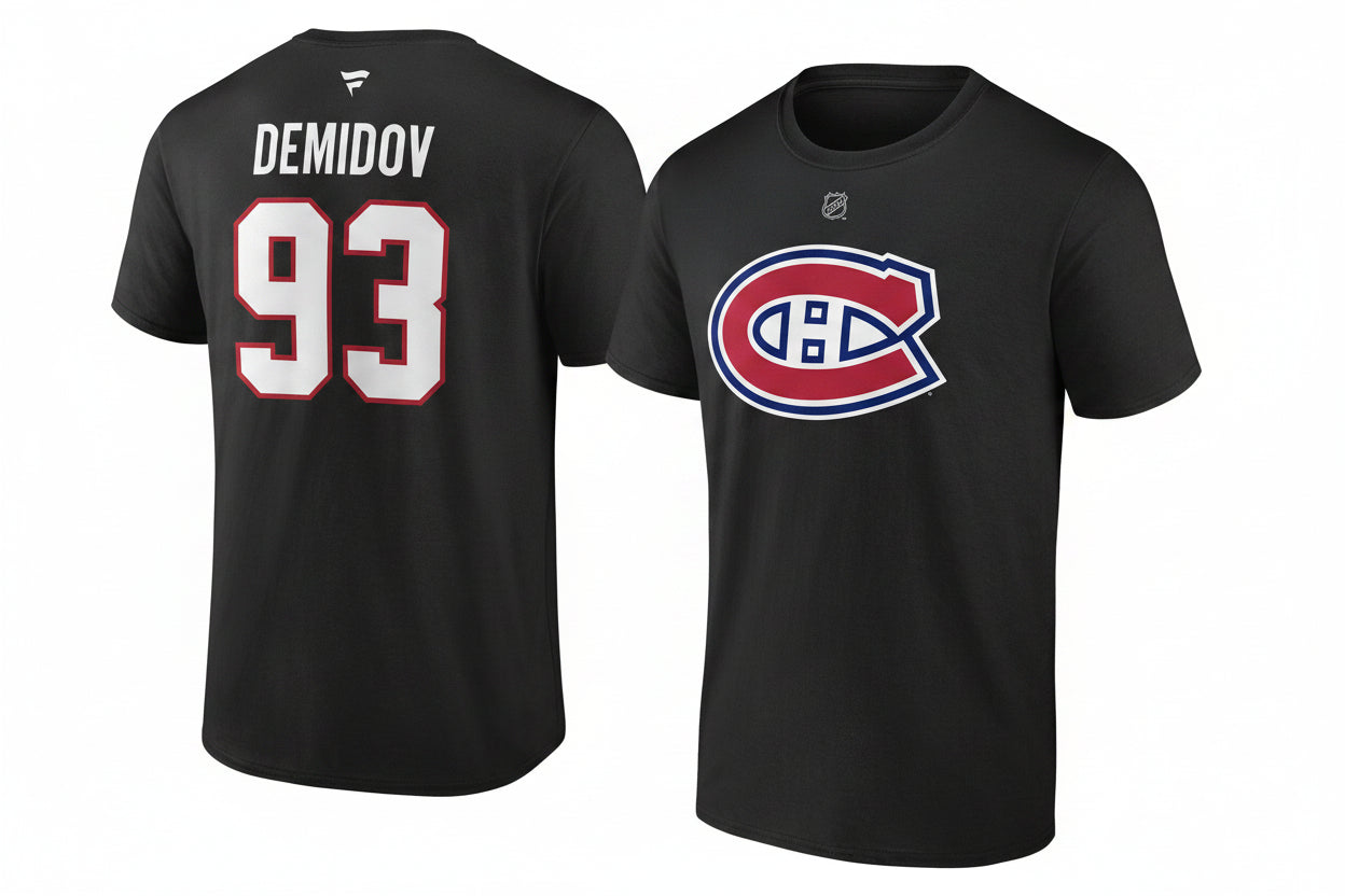 T-Shirt noir en coton - Demidov avec logo de hockey bleu, blanc et rouge sur le devant, nom et numéro 93 au dos, vue de face et dos.