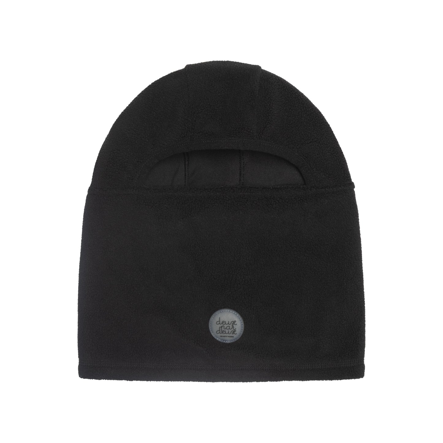 Cagoule - Deux Par Deux noire en tissu polaire pour enfant, vue de face avec ouverture pour les yeux et logo discret.