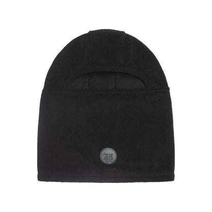 Cagoule - Deux Par Deux noire en tissu polaire pour enfant, vue de face avec ouverture pour les yeux et logo discret.