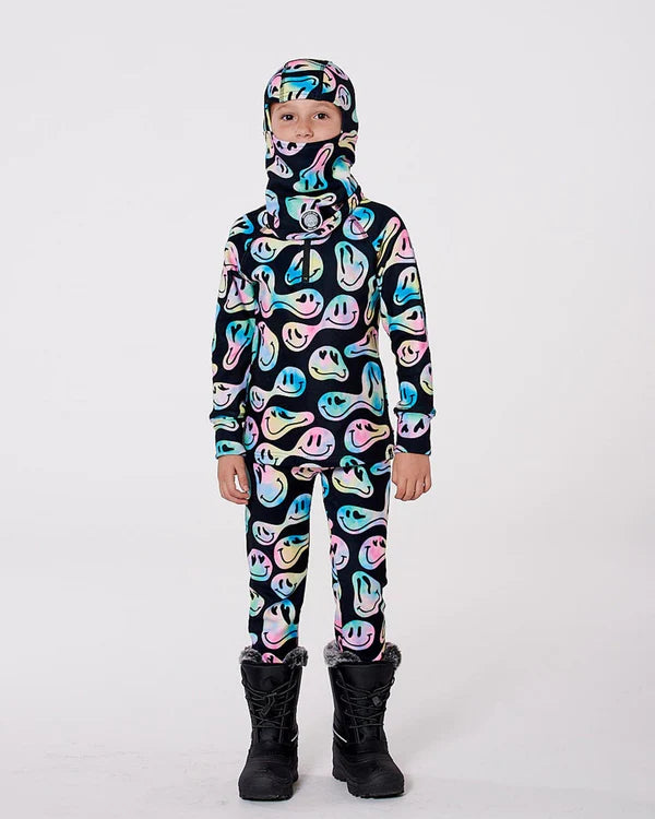 Cagoule en jersey - Deux Par Deux noire imprimé smileys pastel, en jersey, pour enfant, vue de face porté sur mannequin