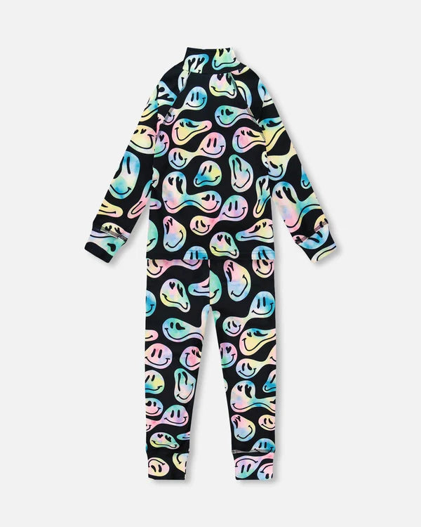 Ensemble de sous-vêtements thermiques deux pièces - Deux Par Deux noir avec motifs abstraits pastel, jersey doux, enfant, vue de dos