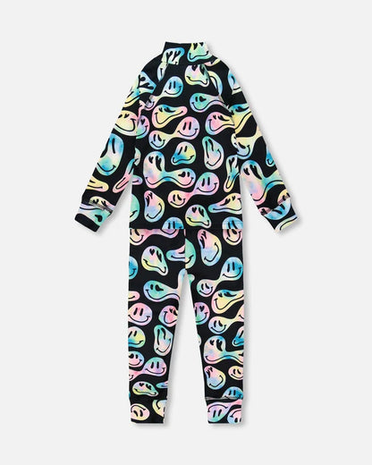 Ensemble de sous-vêtements thermiques deux pièces - Deux Par Deux noir avec motifs abstraits pastel, jersey doux, enfant, vue de dos