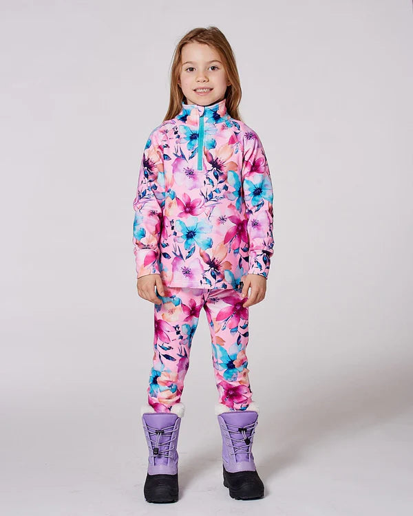 Ensemble de sous-vêtements thermiques deux pièces - Deux Par Deux, motifs floraux roses et bleus, pour fille, porté de face