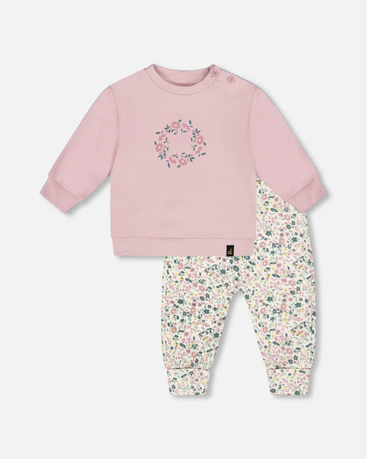 Ensemble - Deux Par Deux rose clair en coton avec imprimé floral pastel sur pantalon, pour bébé fille, vue de face.