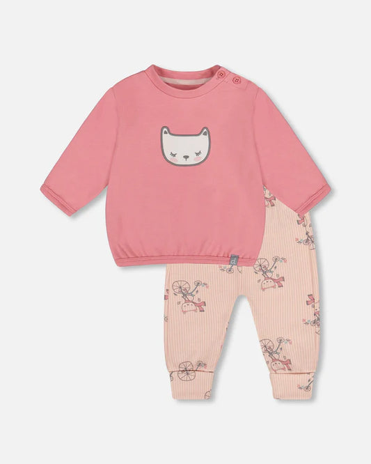 Ensemble - Deux Par Deux pour fille, haut rose à motif chat, pantalon rose imprimé vélos, coton biologique, vue de face.