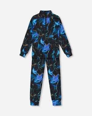 Sous-vêtements thermiques - Deux Par Deux noir et bleu à motifs abstraits, haut manches longues col zippé, pantalon taille élastique, garçon, vue de face.