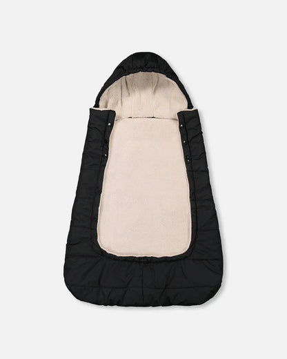 Housse 3 en 1 multifonction noire pour sièges d’auto, poussettes et portes-bébé - Deux Par Deux, intérieur beige, vue de face ouverte