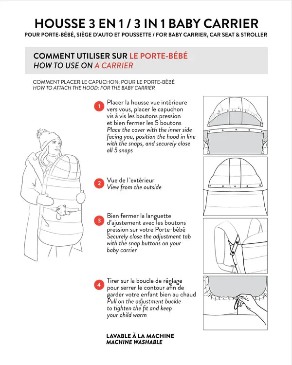 Housse 3 en 1 multifonction noire pour sièges d’auto, poussettes et portes-bébé - Deux Par Deux, vue croquis et mode d’emploi.