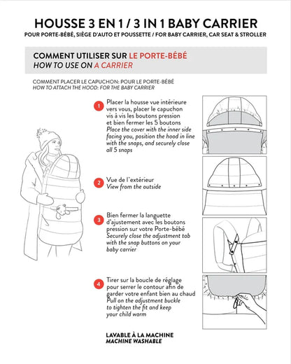 Housse 3 en 1 multifonction noire pour sièges d’auto, poussettes et portes-bébé - Deux Par Deux, vue croquis et mode d’emploi.