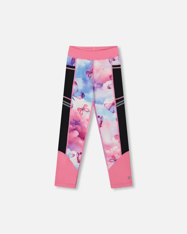 Legging athlétique - Deux Par Deux rose et noir avec motifs papillons et ciel pour fille, vue de face.