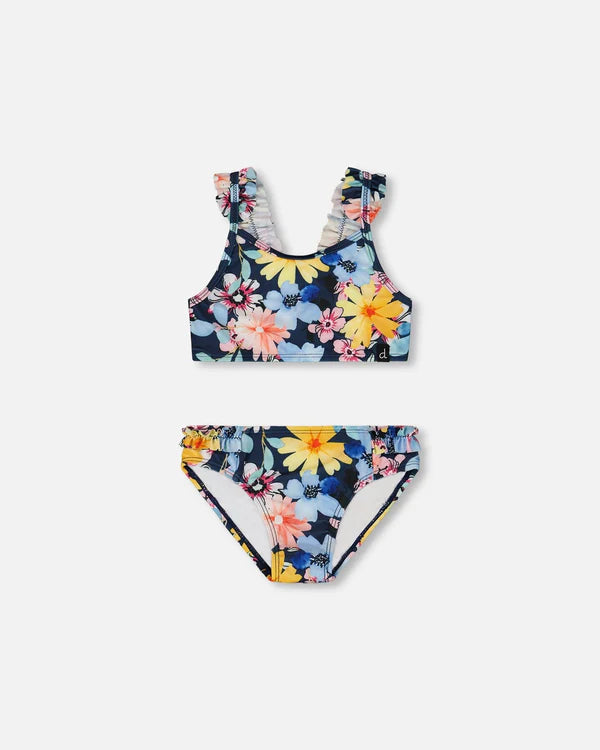 Maillot de bain - Deux par Deux bikini bleu marine à fleurs multicolores avec volants, pour fille, vue de face.