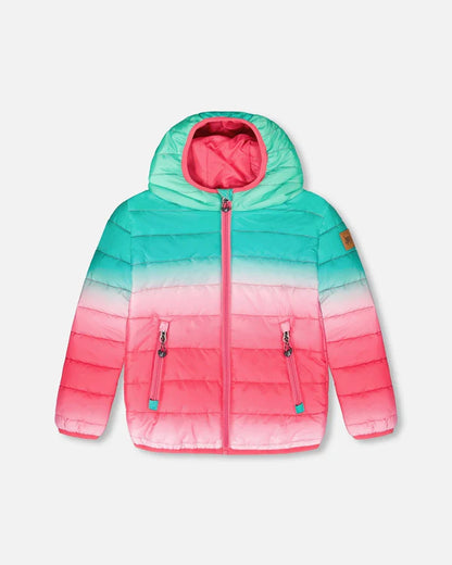 Manteau matelassé de mi-saison - Deux Par Deux dégradé vert, blanc et rose, capuche, pour enfant, vue de face