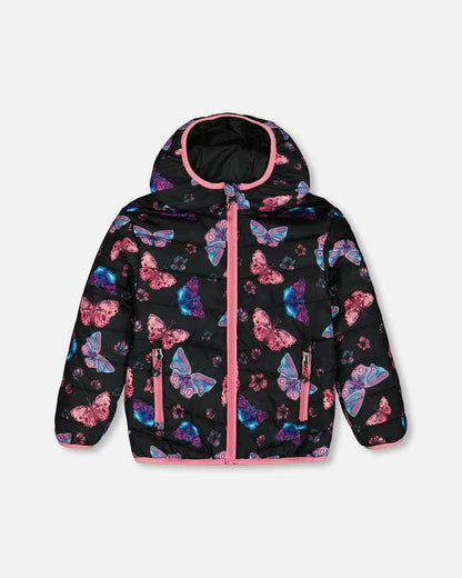 Manteau Mi-Saison - Deux Par Deux noir avec papillons roses et bleus, capuche, matelassage, pour fille, vue de face