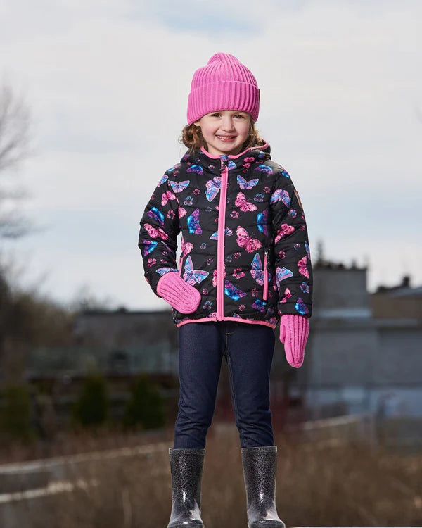 Manteau Mi-Saison - Deux Par Deux noir à motifs papillons roses et bleus, capuche attachée, fille, vue de face porté sur mannequin