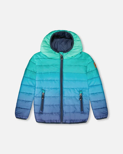 Manteau matelassé de mi-saison - Deux Par Deux bleu dégradé vert et marine, capuche, pour enfant, vue de face.