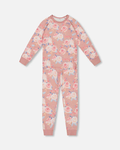 Pyjama - Deux Par Deux en coton rose à motifs fleurs blanches et roses, manches longues, pour fille, vue de face.