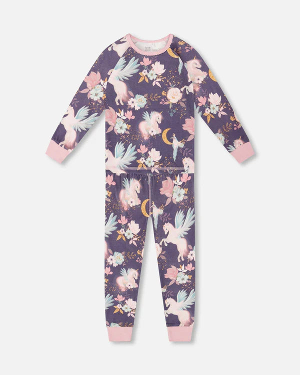 Pyjama - Deux Par Deux fille en coton biologique violet à motifs licornes et fleurs pastel, manches et chevilles rosées, vue de face