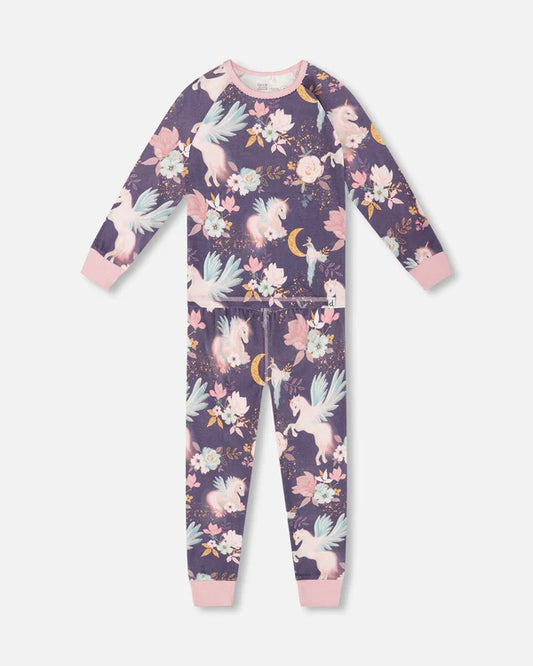 Pyjama - Deux Par Deux fille en coton biologique violet à motifs licornes et fleurs pastel, manches et chevilles rosées, vue de face