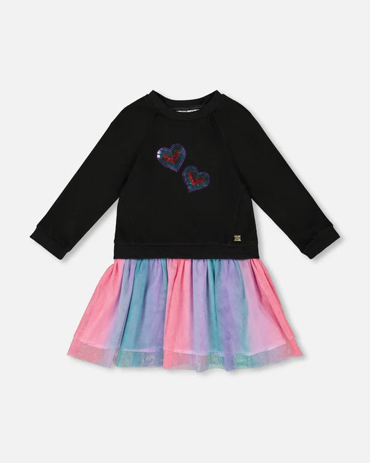 Robe - Deux Par Deux noire à manches longues avec jupe tulle multicolore rose, violet et turquoise, pour fille, vue de face