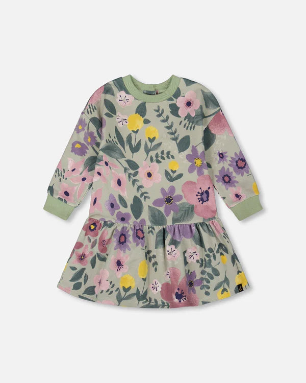 Robe - Deux Par Deux en coton vert clair à motifs floraux roses, violets et jaunes, manches longues, pour fille, vue de face.