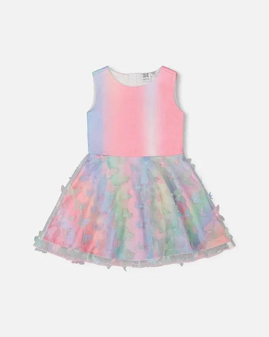Robe - Deux Par Deux sans manches multicolore dégradé avec jupe tulle à application papillons, pour fille, vue de face.