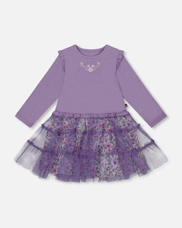 Robe - Deux Par Deux violette avec fleurs brodées, jupe en tulle à motifs floraux, manches longues, pour fille, vue de face