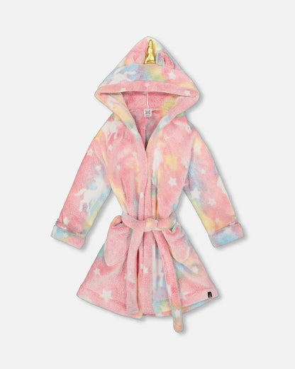 Robe de Chambre - Deux Par Deux rose à motifs étoiles et licorne pastel, capuche avec corne, enfant, vue de face.