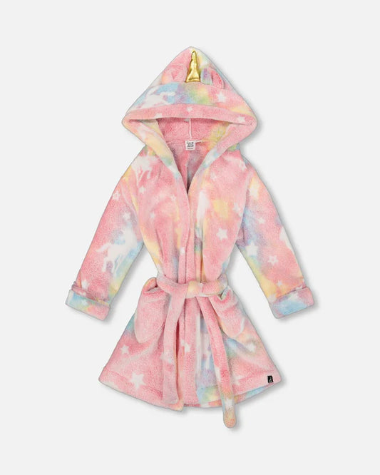 Robe de Chambre - Deux Par Deux rose à motifs étoiles et licorne pastel, capuche avec corne, enfant, vue de face.