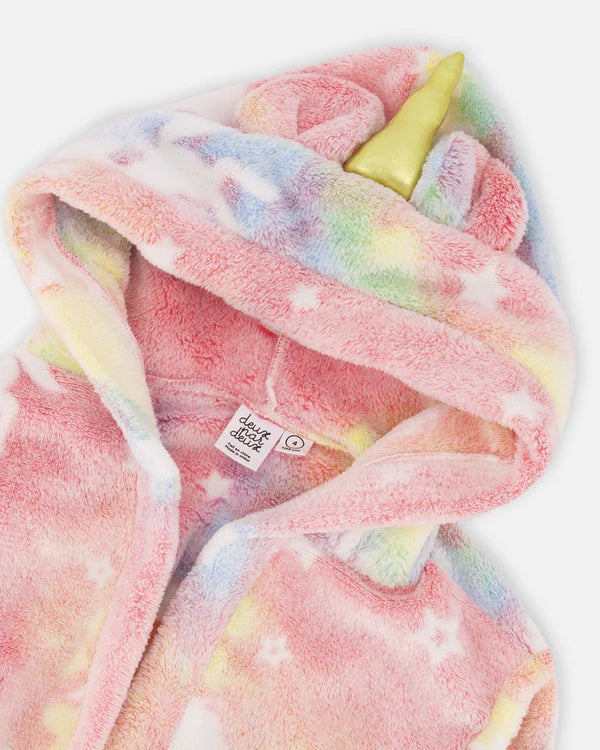 Robe de Chambre - Deux Par Deux en tissu peluche multicolore pastel avec capuche corne dorée, pour fille, vue gros plan intérieur.