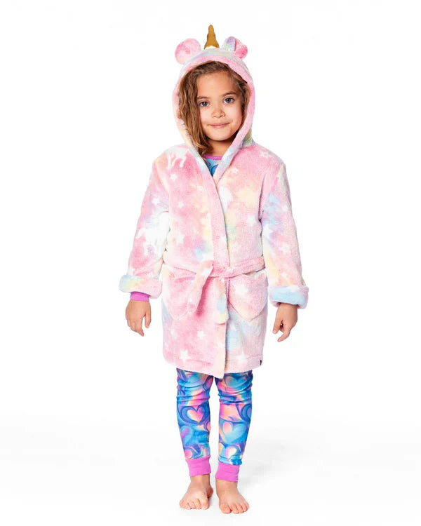 Robe de Chambre - Deux Par Deux en tissu peluche multicolore pastel avec capuche licorne, pour fille, vue de face portée sur mannequin.