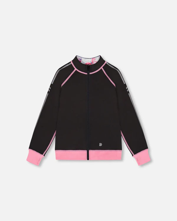 Veste athletique Réversible - Deux Par Deux noire et rose avec zip, bordures contrastées, pour fille, vue de face.