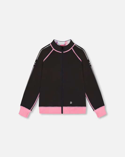 Veste athletique Réversible - Deux Par Deux noire et rose avec zip, bordures contrastées, pour fille, vue de face.