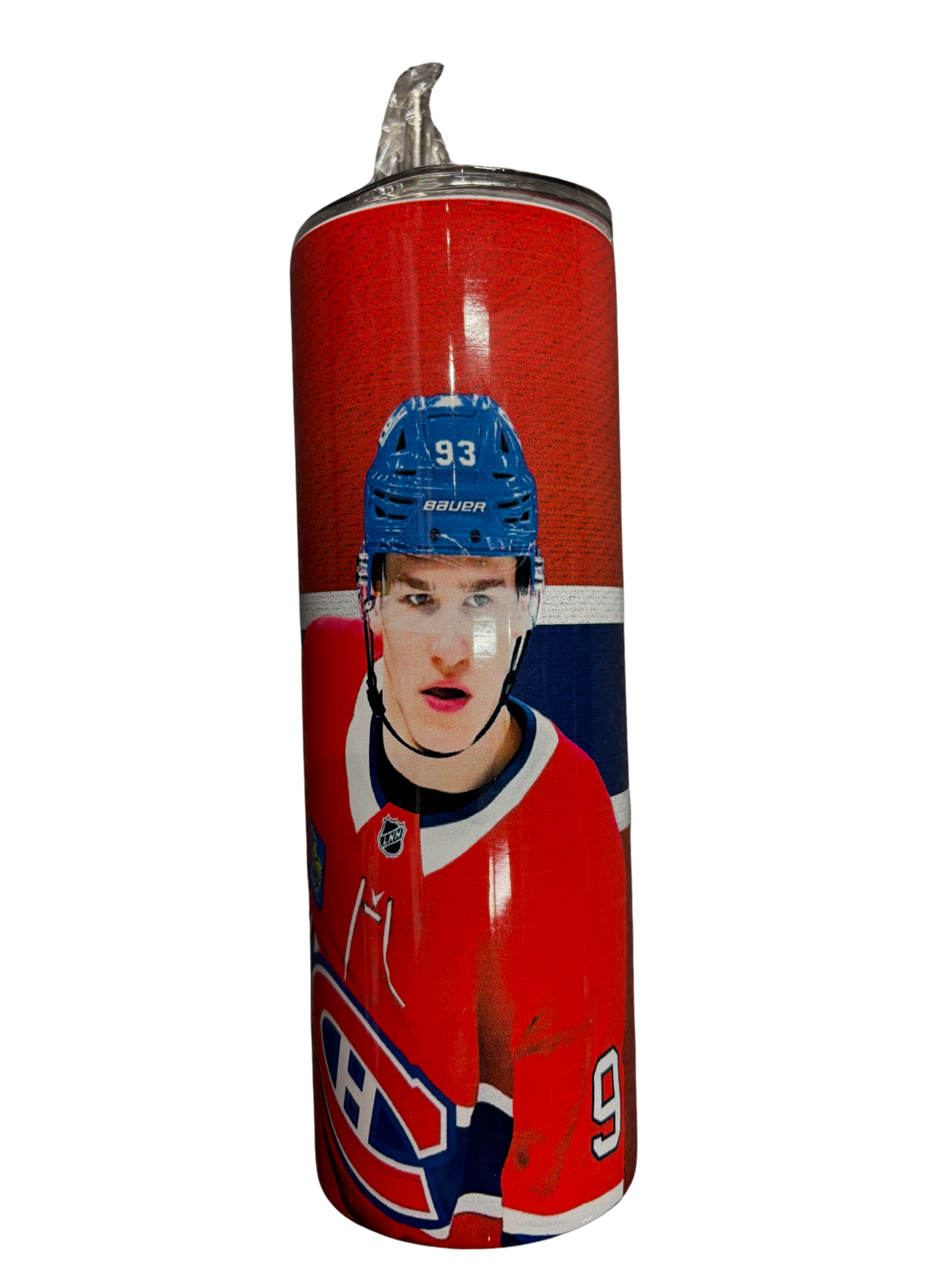 Bouteille isotherme - Demidov rouge avec illustration joueur de hockey casque bleu, style antidérapant, vue de face.