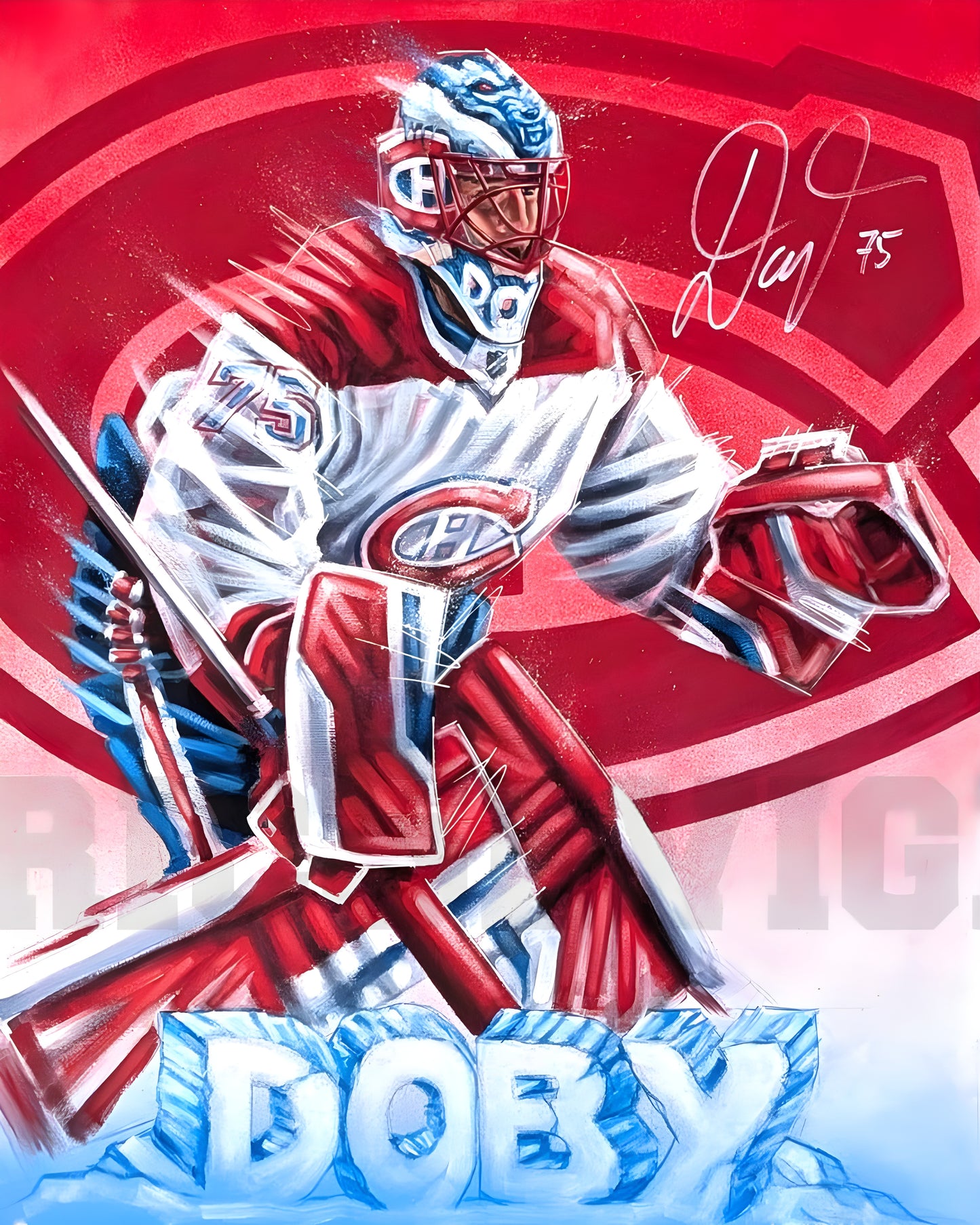 Serviette microfibre - Doby rouge et blanche avec illustration d’un gardien de hockey en équipement complet, vue artistique de face.