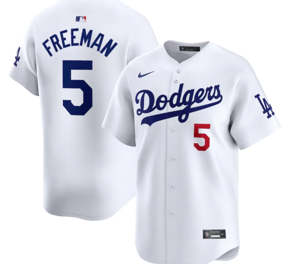 Jersey baseball- Freeman Dodgers blanc avec inscriptions bleues et numéro rouge, style enfant, vue de face et dos.