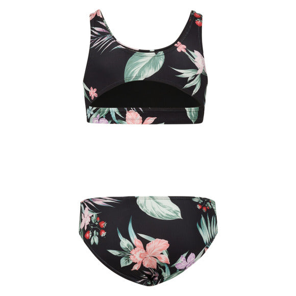 Maillot de bain - Mandarine & Co deux pièces noir à motifs floraux roses et verts, style crop top, vue de face, enfant.