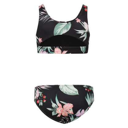 Maillot de bain - Mandarine & Co deux pièces noir à motifs floraux roses et verts, style crop top, vue de face, enfant.