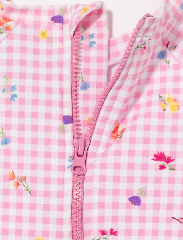 Maillot de bain - Mandarine & Co motif vichy rose et fleurs multicolores, détail fermeture éclair, tissu nylon et spandex.