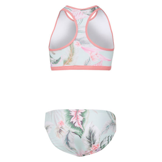 Maillot de bain - Mandarine & Co deux pièces pastel à motifs feuillage vert et rose, pour fille, vue de dos