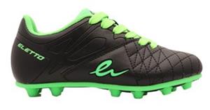 Chaussures de soccer - Eletto noires et vert fluo, tige synthétique matelassée, crampons moulés, pour enfant, vue de profil gauche.