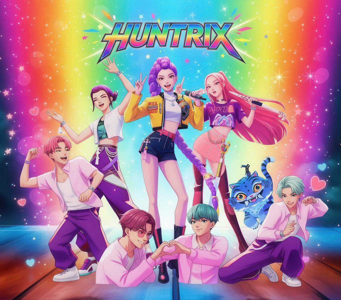 Couverture - K-POP Demon Hunter avec illustration colorée de sept personnages animés, style graphique animé, vue de face.