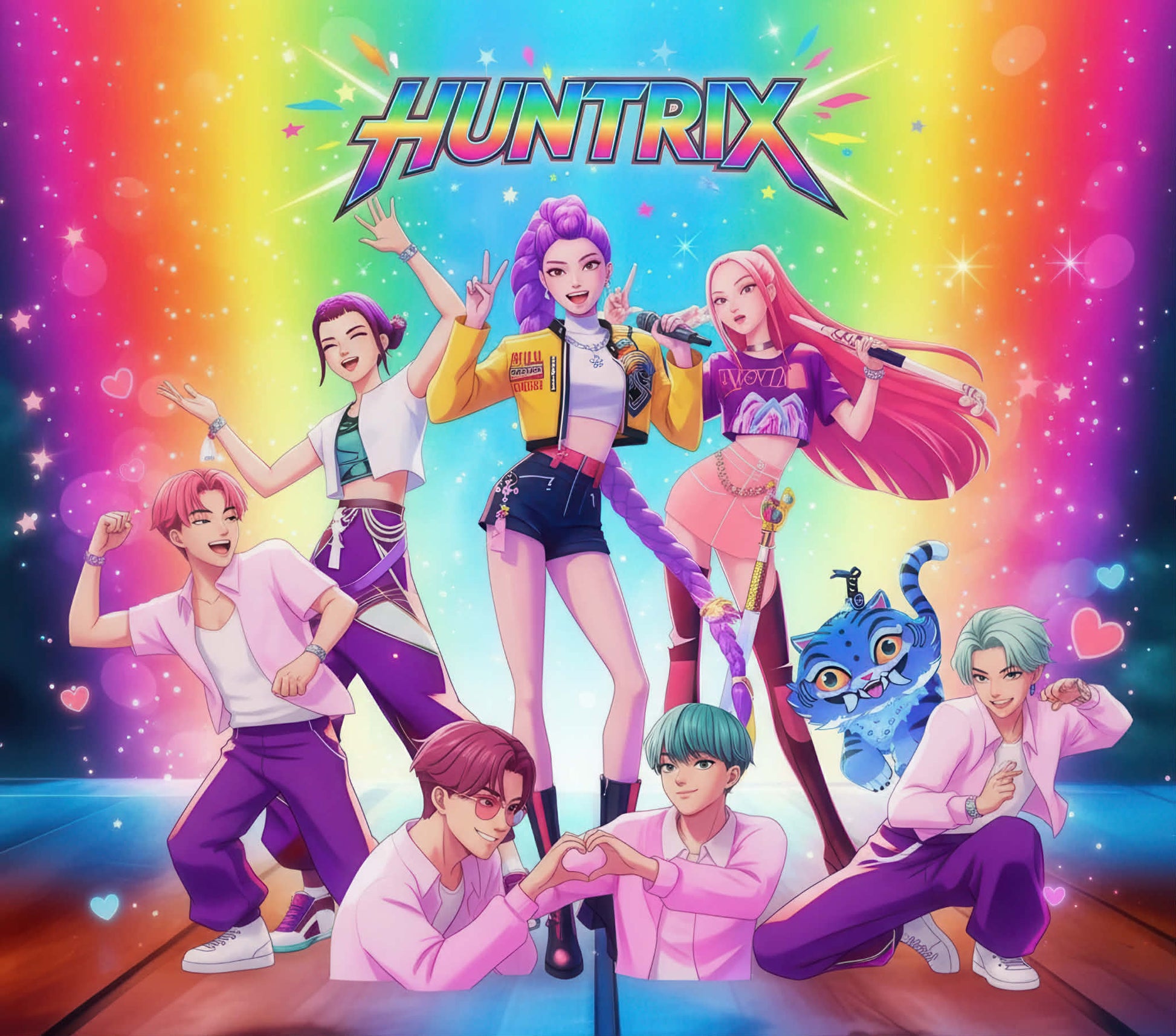 Couverture - K-POP Demon Hunter avec illustration colorée de sept personnages animés, style graphique animé, vue de face.