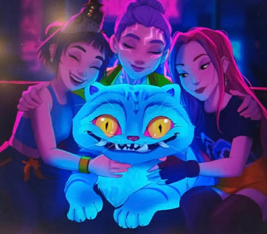 Couverture - K-POP Demon Hunter bleue avec personnages animés colorés, style graphique moderne, vue de face.