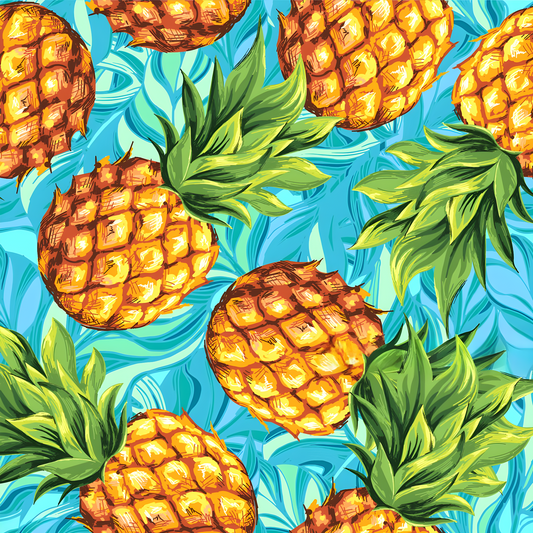 Serviette microfibre - Ananas avec motifs jaunes et verts sur fond bleu, tissu polyester et polyamide, vue de face