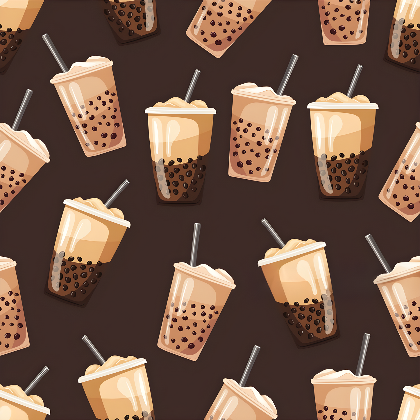 Serviette microfibre - Bubble Tea à motifs boissons beige et marron, tissu léger, design répétitif, vue de face.
