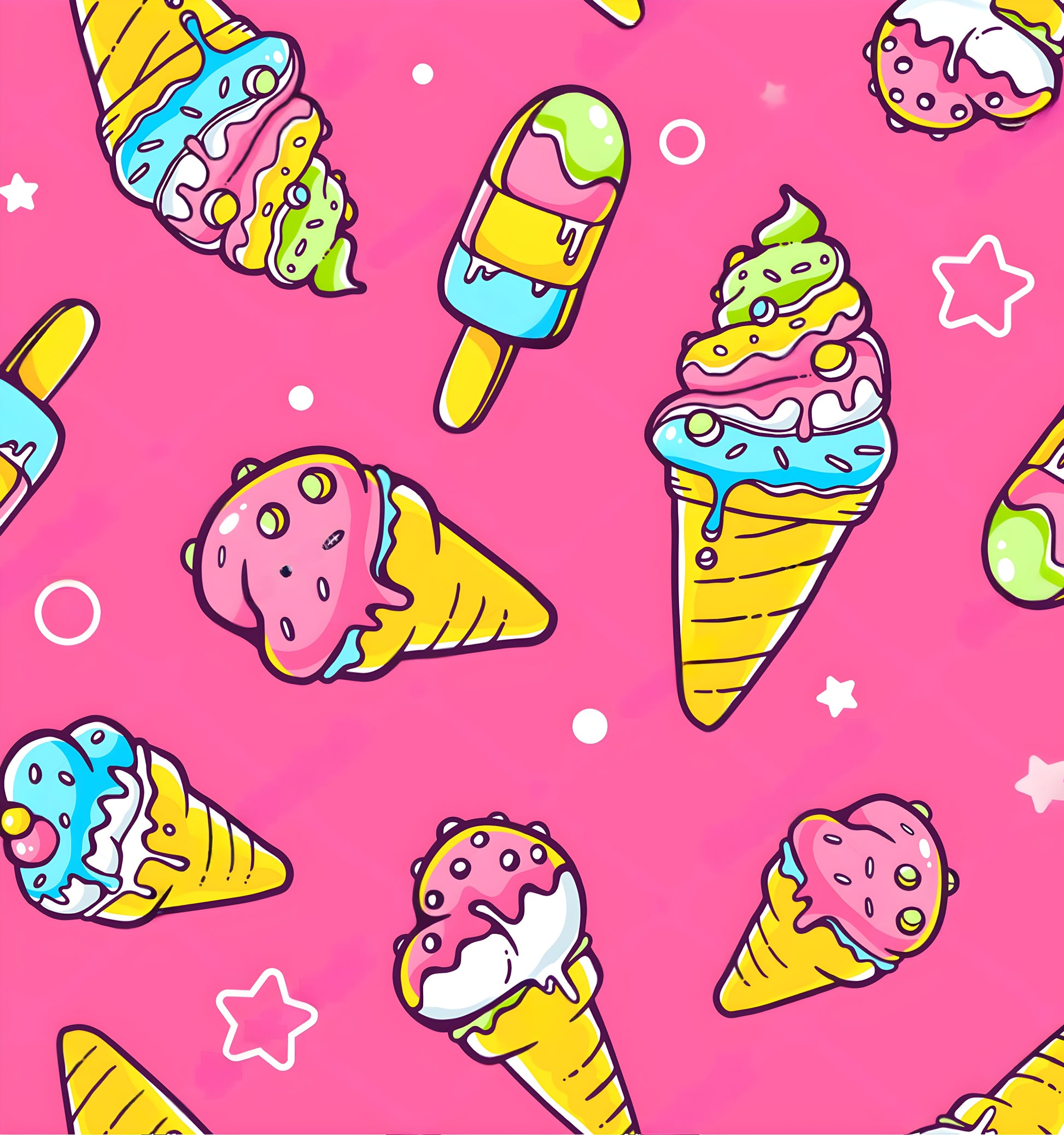 Serviette microfibre - Crème Glacé avec motifs colorés de cornets glacés et glaces multicolores sur fond rose, vue détaillée