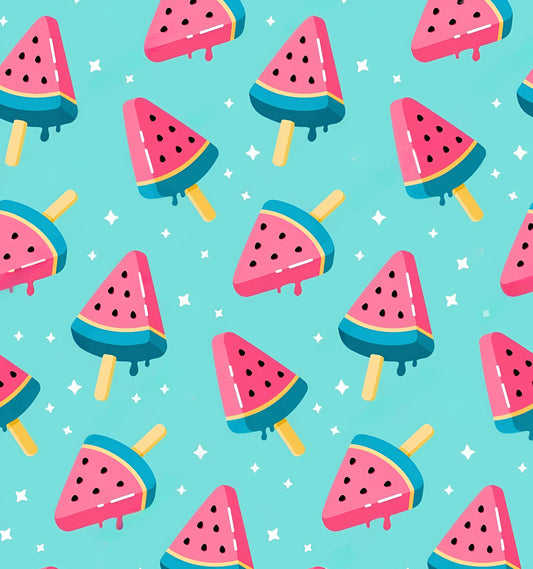 Serviette microfibre - Melon d'eau motif tranches de pastèque rose, vert et bleu sur fond turquoise, vue de face.